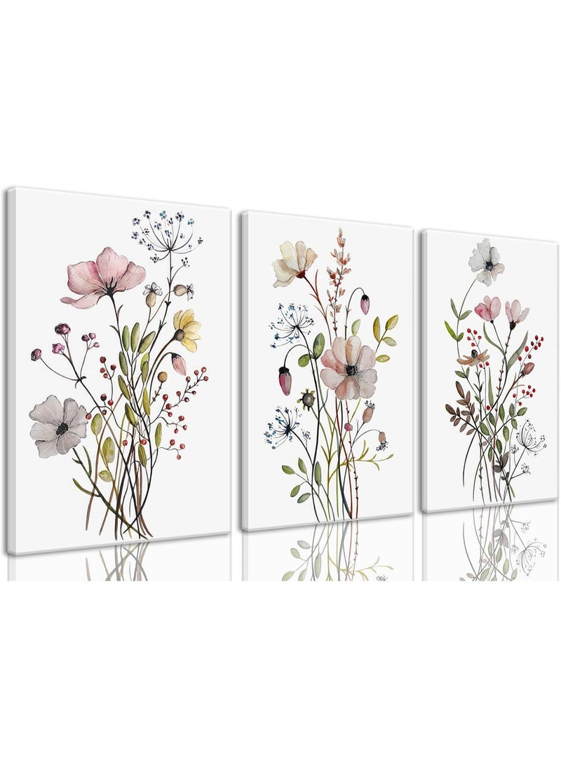 YelaJoy Set of 3 Framed Wildflower Wall Art, Pink Watercolor Botanical Floral Canvas Prints, Modern Minimalist Flower Pictures for Bedroom Living Room Bathroom Decor (12x16 inch) - Image 1